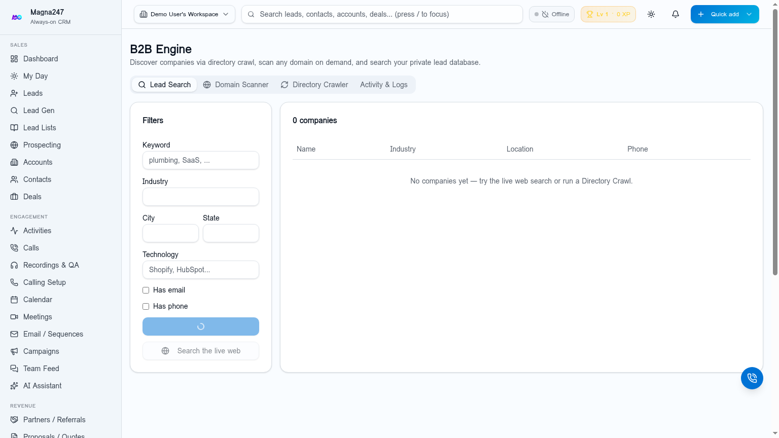 Magna247 B2B Lead Engine — search results with company enrichment panel